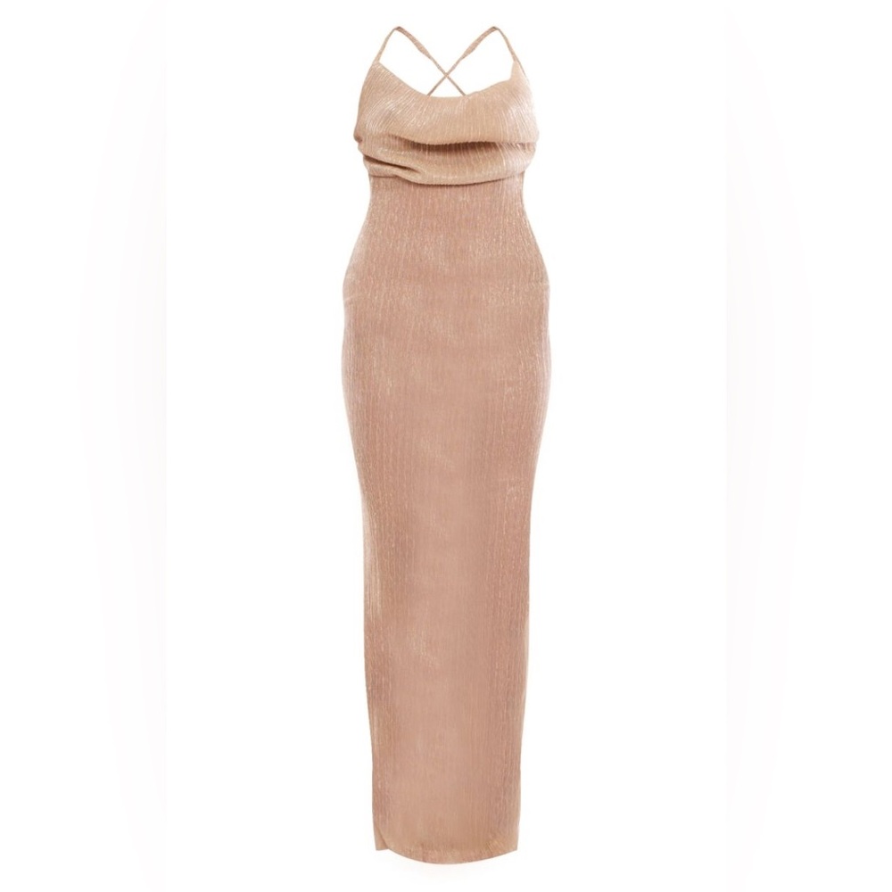 PrettyLittleThing | GOLD GLITTER PLISSE SHEER COWL NECK MAXI DRESS